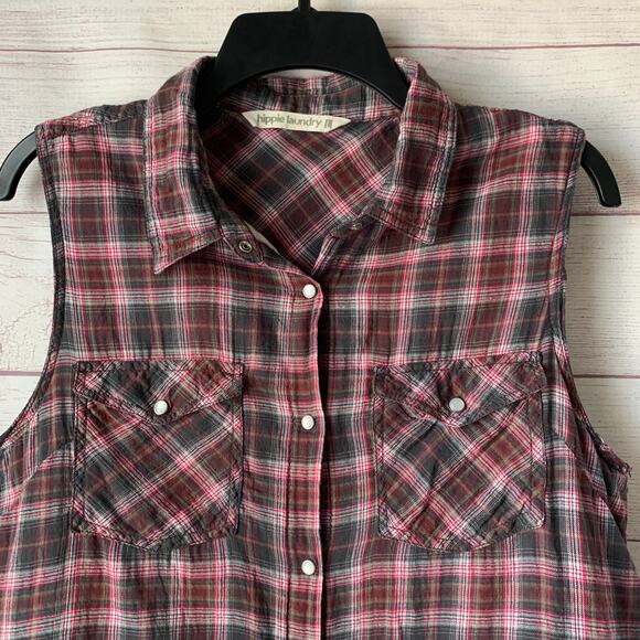 Hippie Laundry Sleeveless Plaid Button Up Shirt Boho Crochet Lace Ruffle Size L - Picture 3 of 15